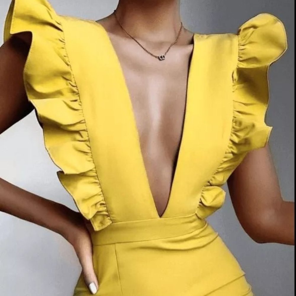 Yellow Ruffle V-Neck Bodycon Dress - Picture 3 of 5